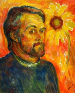В. Митин. Автопортрет с подсолнечником (Посвящение Ван-Гогу), 1977, холст, масло, 50,5х41